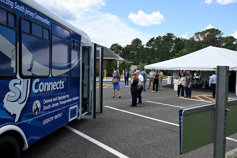 A shuttle bus is presented during event to launch SJ Connects at the Frank A. Farley Service Area on the Atlantic City Expressway June 1, 2026. The new regional shuttle service hopes to improve access to employment centers, educational institutions, healthcare campuses, NJ Transit hubs, and other essential places.