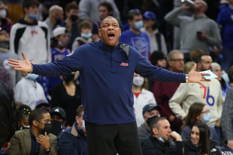 Coach Doc Rivers argues over the lack of a foul call during one of the Sixers final possessions against Wizards at the Wells Fargo Center on Feb. 2, 2022.