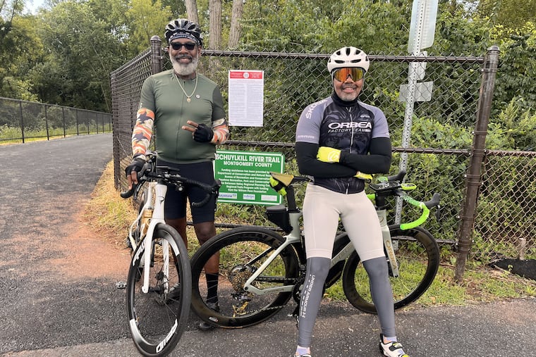 Alvin Morris, left, and Rick Young, right, were riding Aug. 25, 2026 from Philadelphia into Montgomery County and used the new 0.9-mile Schuylkill River Trail connector between Industrial Highway and the Route 422 bridge near Pottstown.