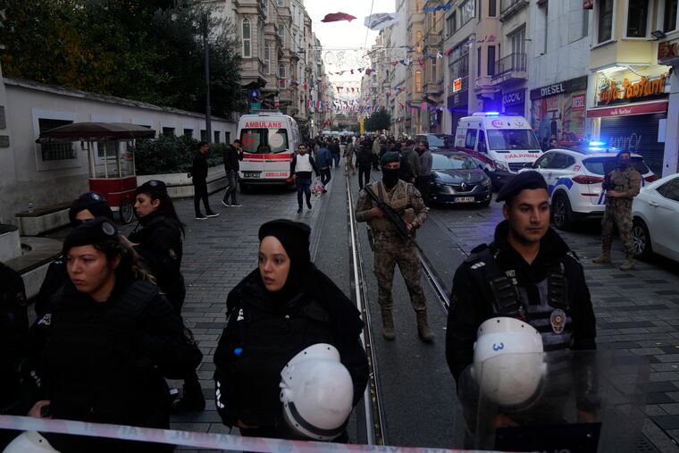 Security and ambulances at the scene after an explosion on Istanbul's Istiklal Avenue on Sunday.