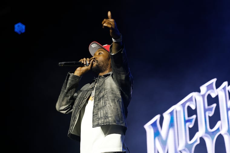 Meek Mill performs on the Fairmount Park Stage during the Roots Picnic 2025 at the Mann Center.
