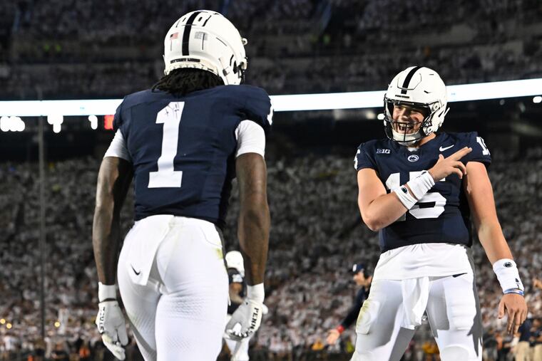 Penn State wide receiver KeAndre Lambert-Smith (1) and quarterback Drew Allar are expected to lead the Nittany Lions offense against Delaware at noon Saturday.