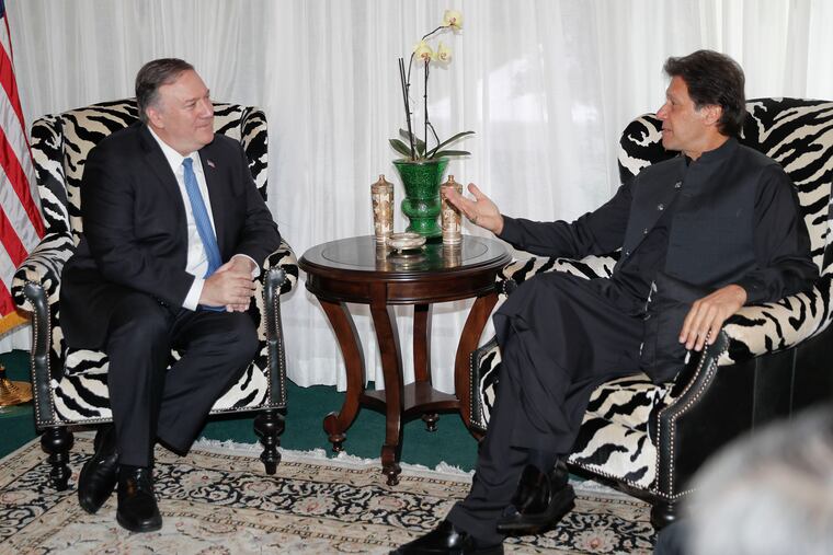 Secretary of State Mike Pompeo, left, meets with Pakistani Prime Minister Imran Khan, right, at the Residence of the Pakistani Ambassador in Washington, Tuesday, July 23, 2019.