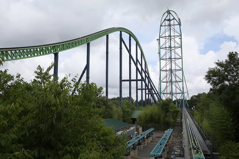 People ride the Kingda Ka roller coaster at Six Flags Great Adventure in Jackson, N.J., on Tuesday, July 24, 2018. At 456 feet tall, it was the tallest rollercoaster in the world.