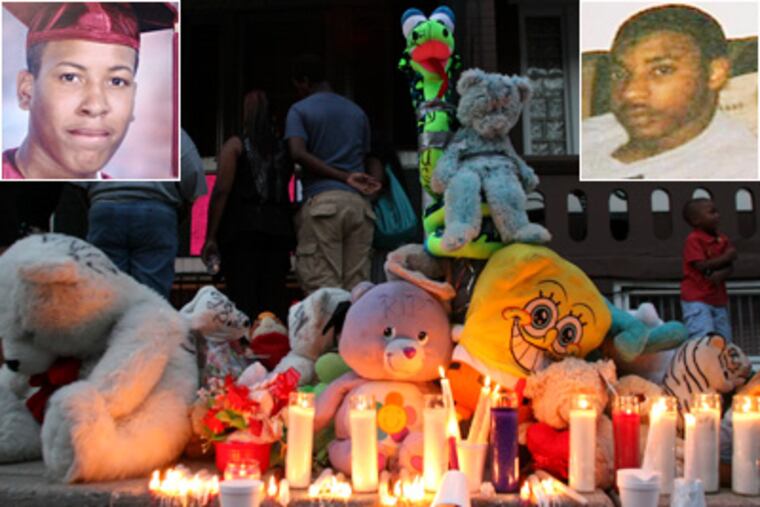 Friends and loved ones created a memorial in honor of 16-year-old Saideen "Buggy" Lewis (right) on S. Marston St. in Gray's Ferry. Lewis and Michael Anthony Parker-Barham III (left) were killed in separate shootings. (JONATHAN YU / Staff Photographer)