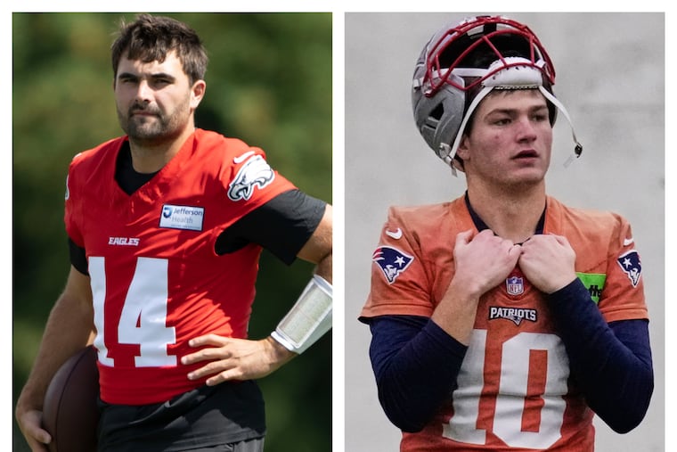 Eagles backup QB Sam Howell (left) and the New England Patriots' Super Bowl LX starter Drake Maye have maintained a friendship that started at North Carolina and has remained in the NFL.