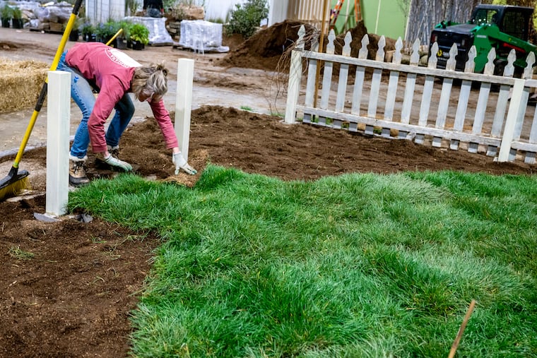 Natalie Ross with Kelly D. Norris, of Des Moines, Iowa places sod behind a white picket fence at the Convention Center Tuesday, Feb. 24, 2026, setting up for the PHS Philadelphia Flower Show. The display is part of the “American Landscape Showcase” and is titled, “American Anemoia.”
