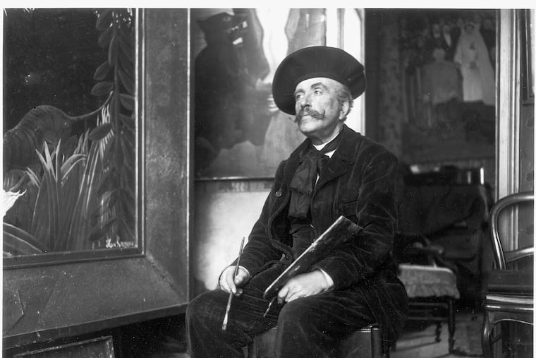 Henri Rousseau seated next to "Scouts Attacked by a Tiger" in his studio at 2 bis, rue Perrel, Paris, 1907.