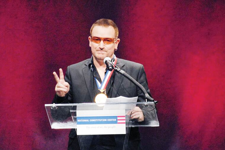 Bono receives Liberty Medal in Philadelphia. Video available at www.libertymedal.org. Photo: Carol H. Feeley. (PRNewsFoto/The Greater Philadelphia Tourism Marketing Corporation)