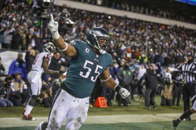Eagle defensive end Brandon Graham celebrates after Julio Jones misses a pass from Matt Ryan that would have put the Falcons ahead.