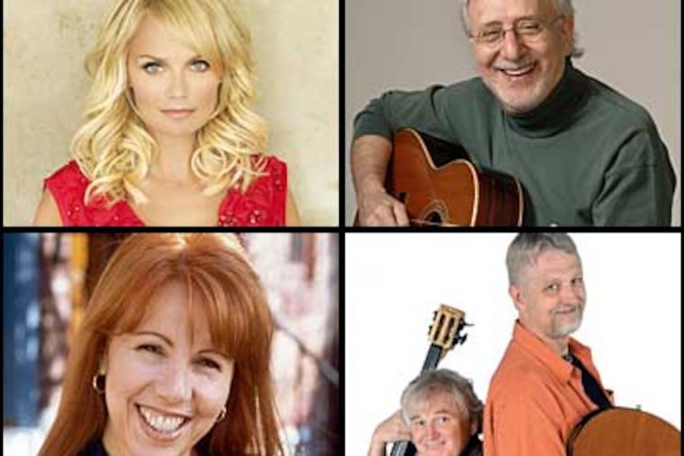 Three dozen writers and musicians are scheduled to be at the 2009 Free Library Festival, including, clockwise from top left: Kristin Chenoweth, Peter Yarrow, Trout Fishing in America and Christina Pirello.