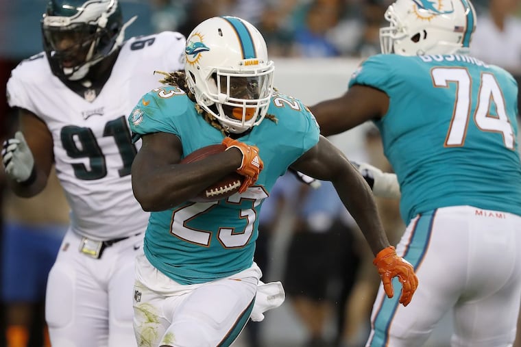 Jay Ajayi carries the ball during a preseason game between the Eagles and Miami Dolphins on Aug. 24.