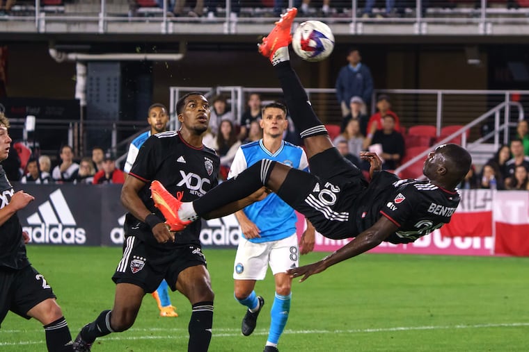 Christian Benteke is D.C. United's top scoring threat. Here, he scores on a bicycle kick.