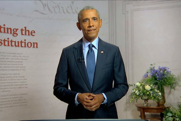 Former President Barack Obama addresses the Democratic National Convention on Wednesday from the Museum of the American Revolution in Philadelphia.