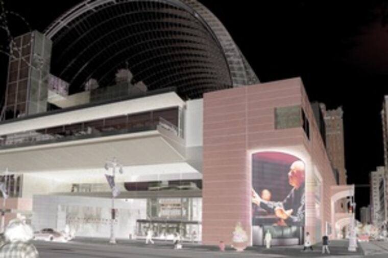 This design to enliven the appearance of the Kimmel Center, by MGA Partners, is among the physical improvements Anne Ewers is considering. The plan would move the ticket window outside, at Broad and Spruce, and install a video screen on an outer wall to show performance images.