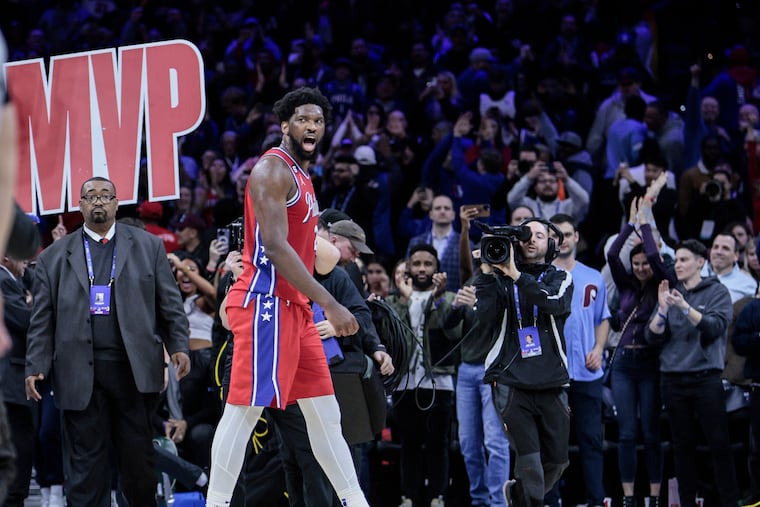 Celebrating with 1.1 seconds left Sixers Joel Embiid hits a two pointer against the Portland Trail Blazers for the go ahead at the Wells Fargo Center.