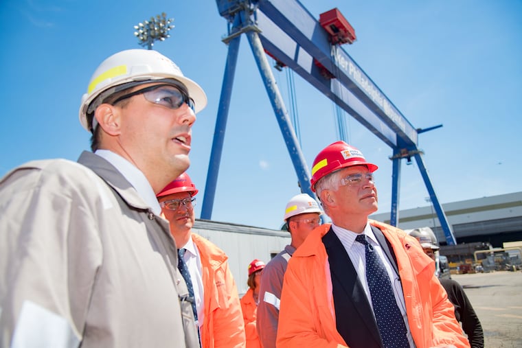 In June 2017, Patrick Harker (right), president & CEO of the Federal Reserve Bank of Philadelphia, met with workers at the Aker Philadelphia Shipyard to learn about workforce development opportunities.