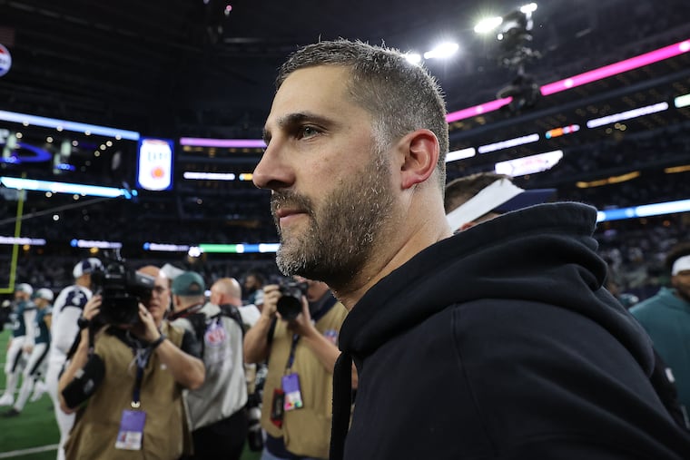 Eagles head coach Nick Sirianni walks across the field after the Eagles' 33-13 loss last Sunday to the Cowboys at AT&T Stadium in Arlington, Texas.