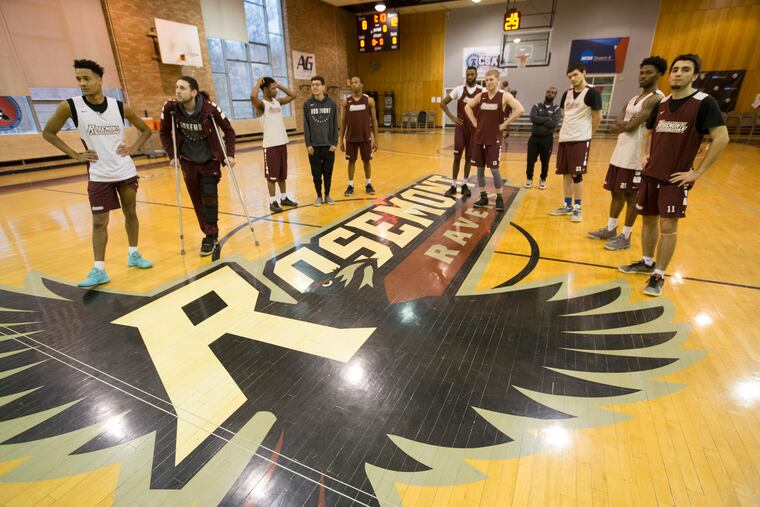 Rosemont men and women both made the NCAA Division III tournament. The men’s team gets ready to huddle at the end of a practice.