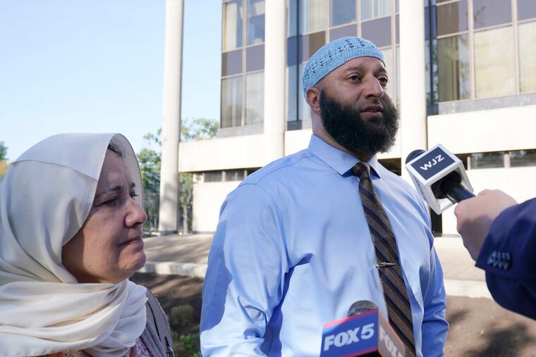 Adnan Syed and his mother Shamim Rahman talk with reporters as they arrive at Maryland's Supreme Court in Annapolis, Md., on Thursday, Oct. 5, 2023.