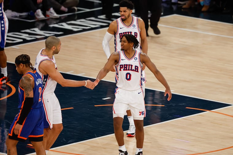 Tyrese Maxey (right) scored 46 points in a Game 5 win over the Knicks.