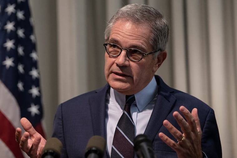 DA Larry Krasner announces charges against police shooting suspect Maurice Hill, during a news conference at the District Attorney's office in Philadelphia, PA
Monday, Aug. 19, 2019.