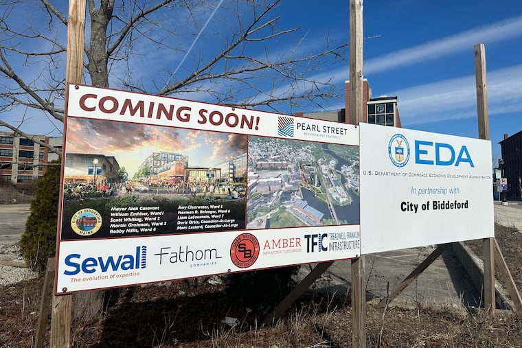 Schematics for an affordable housing project are posted Tuesday, March 17, 2026, in Biddeford, Maine.