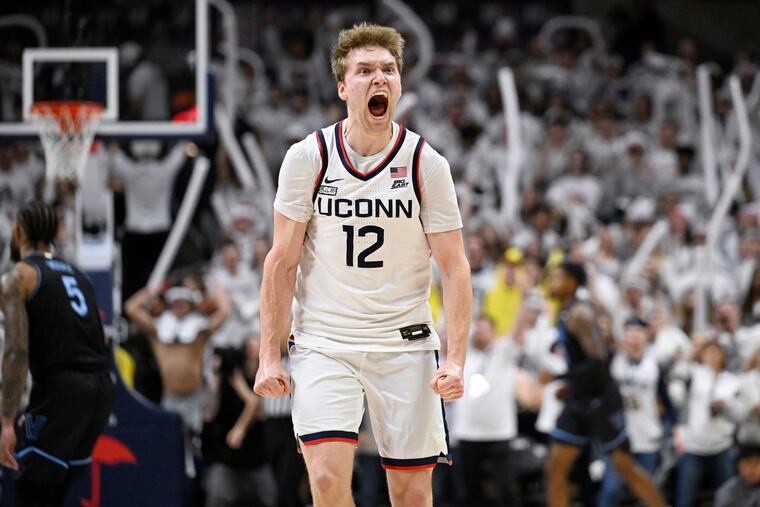 UConn guard Cam Spencer reacts in the second half of an NCAA college basketball game against Villanova on Saturday in Storrs, Conn.