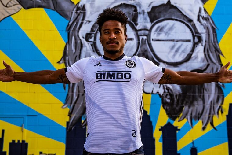 New Philadelphia Union striker Sergio Santos modeling the team's new away jersey for the 2019 season.