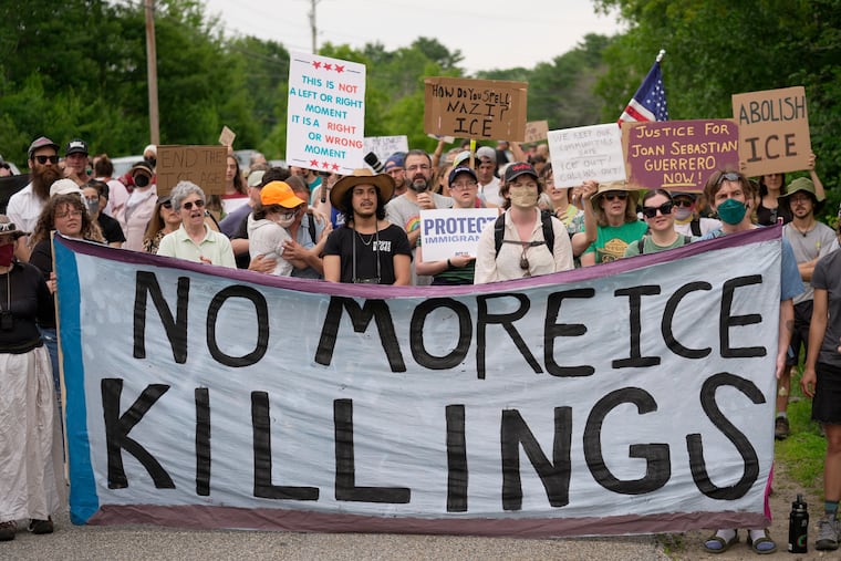 Protesters gather near a U.S. Immigration and Customs Enforcement facility Scarborough, Maine, one day after the shooting of Joan Sebastian Guerrero, Tuesday, July 14, 2026.