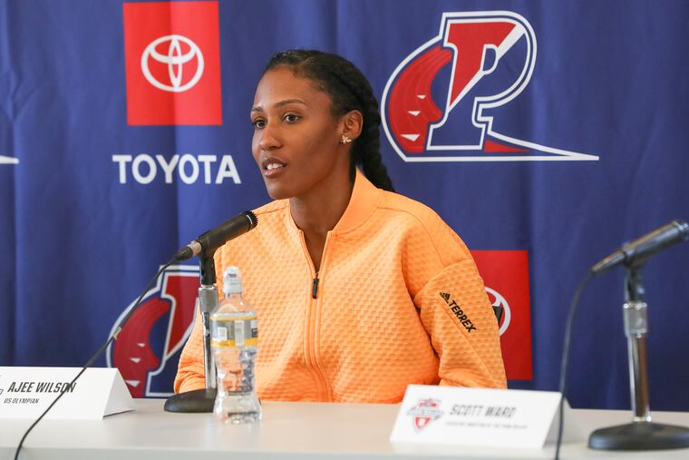 Olympian Ajee Wilson speaks during a press conference on this year’s Penn Relays at Franklin Field in Philadelphia on Thursday, April 21, 2022. The event will take place in front of spectators for the first time since the pandemic on April 28 to April 30.