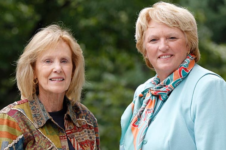 Immaculata College former basketball coach Cathy Rush, left, and former player Theresa Shank Grentz pose for a photograph in Immaculata, Pa. The film "The Mighty Macs" tells the story of the 1971-72 women’s basketball squad sthey were on that won the women's national championship. (Matt Rourke/AP)