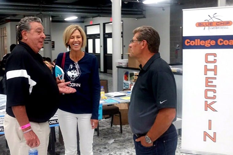 Bill McDonough (left) with Connecticut coach Geno Auriemma and UConn assistant Chris Dailey.