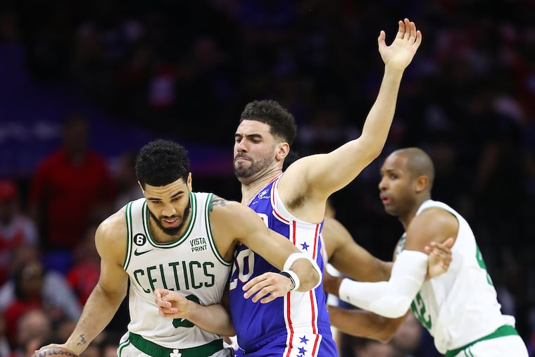 Sixers forward Georges Niang defends Boston Celtics forward Jayson Tatum during Game 6 of the Eastern Conference semifinal playoffs on Thursday, May 11, 2023 in Philadelphia.