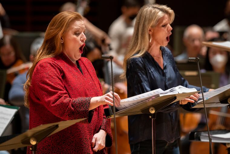 Singers Jennifer Johnson Cano and Kelli O'Hara in rehearsal with the Philadelphia Orchestra for The Hours, an opera receiving its premiere in concert version in Philadelphia before going on to the Metropolitan Opera.