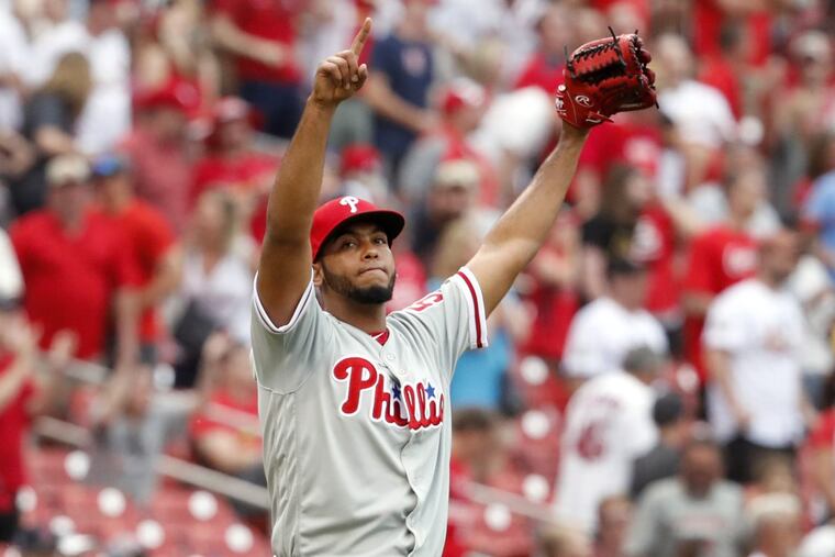 Seranthony Dominguez celebrates after recording his first major league save Saturday in the Phillies’ 7-6 win over the Cardinals.