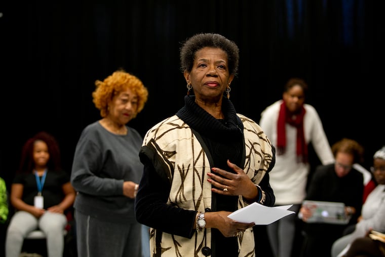 Jacquie Brodie-Davis, of St. Matthew A.M.E. Church performs a monologue during a rehearsal for the original Black History Month performance, "Last Seen: Finding Family After Slavery," at Villanova University. Villanova University and Mother Bethel A.M.E. Church collaborated on a project in which they collect and perform a database of ads placed by former slaves searching for family members after Emancipation.