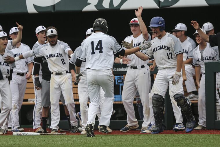 Stephen Aldrich (14) is congratulated by his Bensalem teammates after scoring in the PIAA District 1 Class 6A final against Council Rock North.
