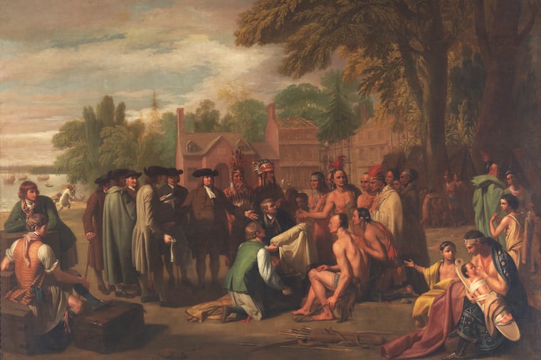 Benjamin West's "Penn's Treaty with the Indians." Oil on Canvas. 1771-1772. According to the Morrises, Anthony Morris Sr is one of the merchants with a cane gathered around Penn. Recent research has thrown light on the little known history of enslaving people among Quakers.
