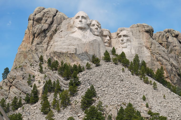 A massive sculpture carved into Mount Rushmore depicts U.S. presidents George Washington, Thomas Jefferson, Theodore Roosevelt and Abraham Lincoln at the Mount Rushmore National Memorial Thursday, Sept. 21, 2023, in, Keystone, S.D.