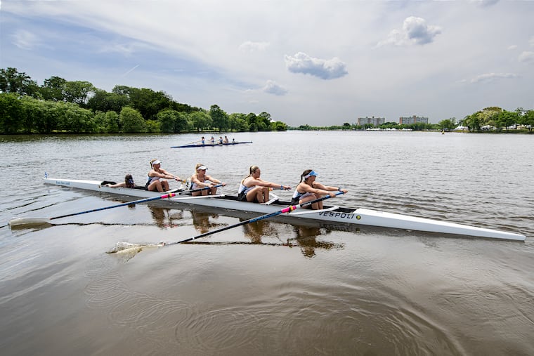 Stockton College prepares for the start of the Women’s Four Novice race during the Annual Dad Vail Regatta in Camden County in May 2023.