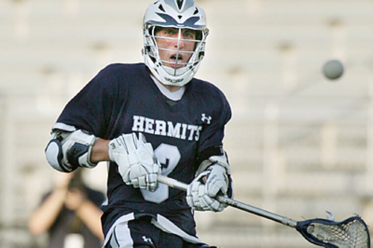 St. Augustine's Tommy O'Neill made the score 7-6 with 5.7 seconds to go with this shot during the St. Augustine vs. St. Joe Metuchen H.S. NJSIAA Non-Public A lacrosse final. (Elizabeth Robertson / Staff Photographer)