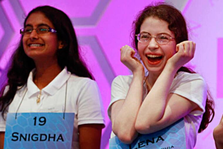 Among the finalists were (from left) eventual champ Snigdha Nandipati, 14, of San Diego, and Lena Greenberg, 14, of Chestnut Hill. Associated Press