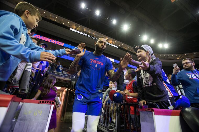 Mike Scott of the Sixers comes out on the court to warm-up before their NBA Eastern Conference Semifinal Playoff Game at the Wells Fargo Center on May 9, 2019.