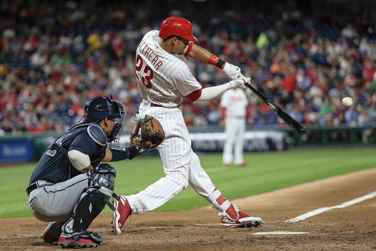 Pinch hitting for Phillies' pitcher Nick Pivetta, Aaron Altherr slams a two run home against the Braves during the 7th inning at Citizens Bank Park in Philadelphia, Monday, May 21, 2018. Phillies shutout the Braves 3-0. STEVEN M. FALK / Staff Photographer
