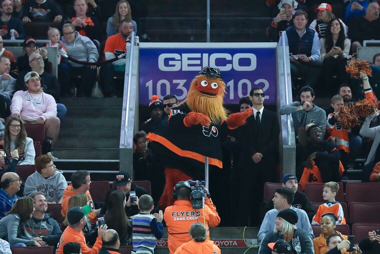 Flyers mascot Gritty dances during a break while the Flyers played the Vegas Golden Knights last season.