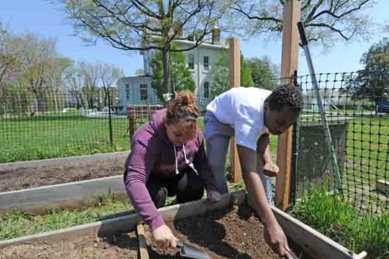 The Sustainability Workshop School at the Navy Yard on 4/24/2013. Here, Anissa Rementer, 18; and Matthew Williams, 17; plant vegetables in the school's backyard. ( APRIL SAUL / Staff )