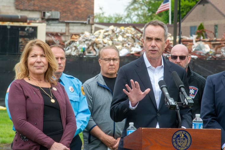 State Sen. Steve Santarsiero, joined by State Rep. Tina Davis (left) at Bristol Health & Rehab Center on Thursday, discusses legislation to improve emergency preparedness at high-risk care facilities.