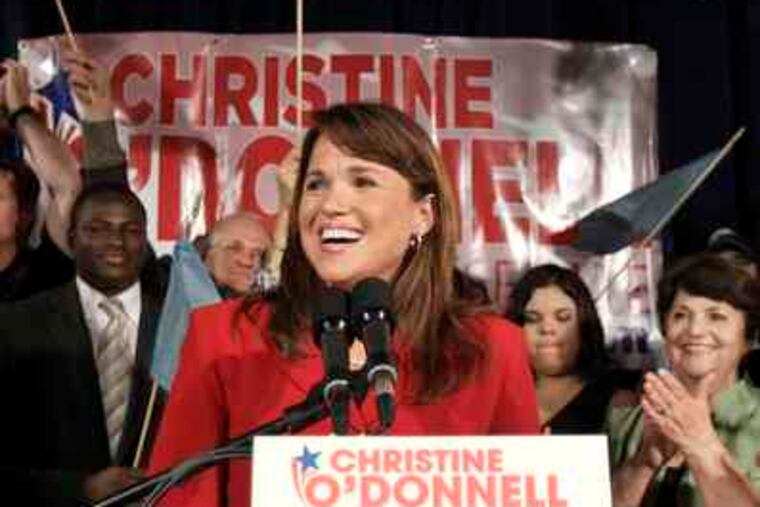 Christine O'Donnell addressing supporters after winning the Republican nomination for Senatein Delaware over Rep. Mike Castle. She will face Democrat Chris Coons in November.
