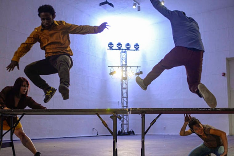 The cast of "Supper, People on the Move," on stage at Crane Arts' Icebox space. (BEN MIKESELL / Staff Photographer)